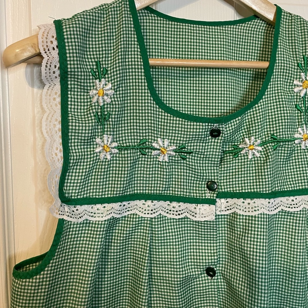 VTG Mexican apron mandril green gingham w/ white daisies & ruffles sz OS (L?) - Picture 6 of 6